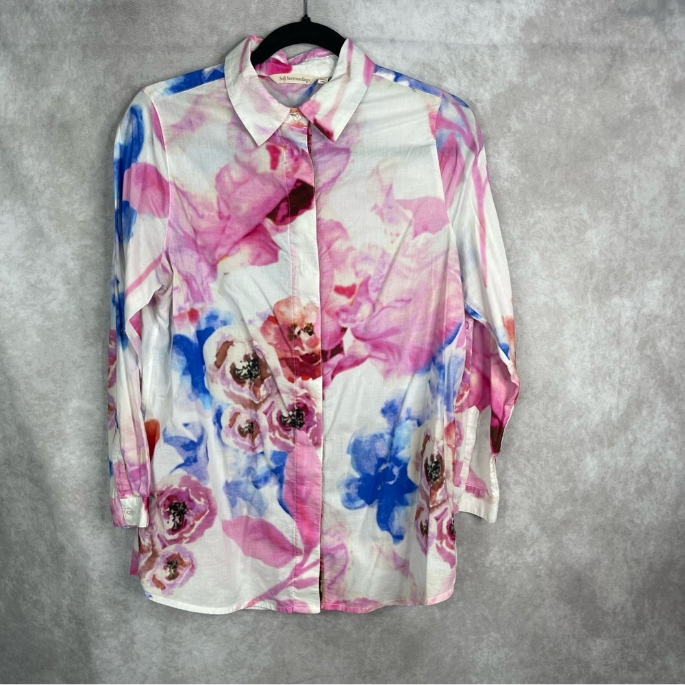 Soft Surroundings‎ Floral Water Color Button Down Blouse In White Size S Petite
